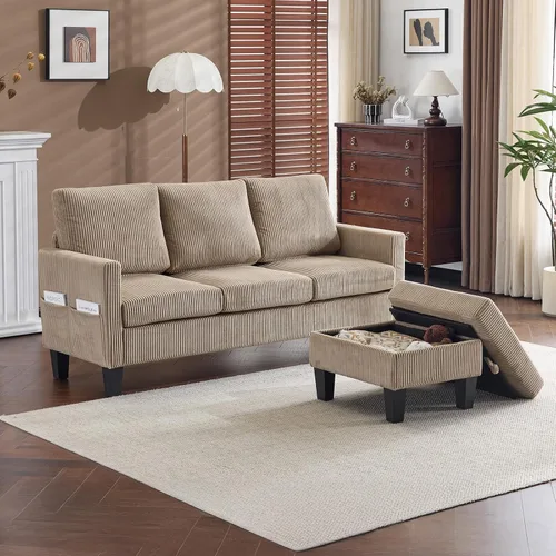 Miniatura 12 de VINGLI Sofá en forma de L de 68.5 pies con otomana de almacenamiento móvil, sofá modular convertible en tela de pana suave, moderno sillón Negro