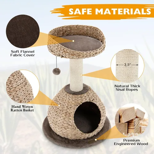 Miniatura 6 de Tangkula Árbol para gatos moderno, torre para gatos pequeña con poste de rascar de sisal natural, condominio para gatos de mimbre hecho a mano
