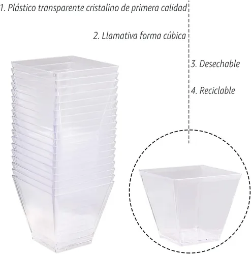 Miniatura 3 de Jizvxe Paquete de 50 unidades de tazas de postre cuadradas de 3.5 oz, tazas de postre de plástico transparente, tazas desechables para degustación