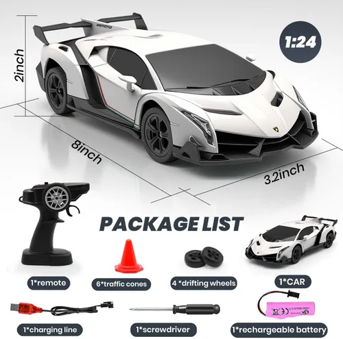 Miniatura 4 de QUN XING Coche de control remoto 1:24 oficialmente licenciado Lambo veneno RC Drift Car con luces LED 2.4GHz 4WD 15KM/H de alta velocidad, batería