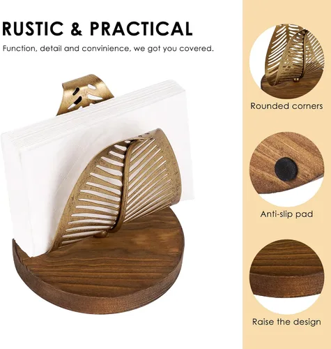 Miniatura 2 de Servilletero de hoja dorada para mesa de comedor, organizador de servilletas de papel de metal rústico con base de madera, soporte de mesa artístico