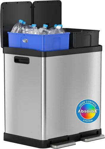 iTouchless - Cubo de basura de cocina de 60 litros / 16 galones con doble compartimento y contenedor para reciclaje, filtro de olores, cierre suave,