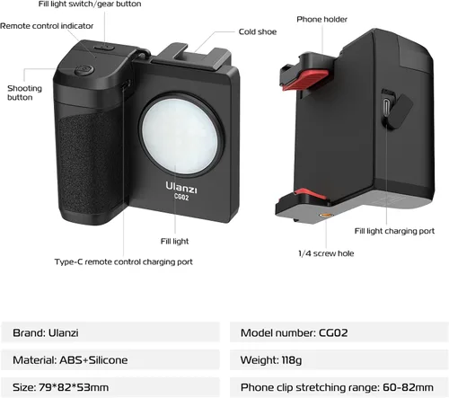 Miniatura 5 de ULANZI VL49 RGB Video Light + ULANZI CG02 - Mango de obturador de cámara para smartphone sin graduación