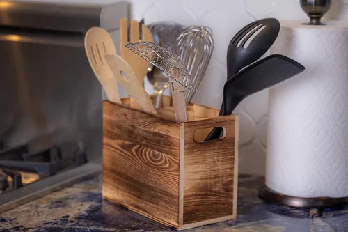 Miniatura 8 de Soporte de utensilios de madera para encimera de cocina, organizador grande de utensilios de 2 compartimentos para encimera, soporte de herramientas