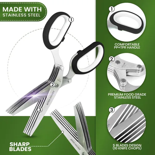 Miniatura 2 de KitchShears - Tijeras de hierbas con 5 cuchillas y cubierta, cortador de hierbas de acero inoxidable de alta calidad para hierbas de cocina