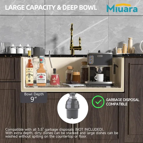 Miniatura 34 de Miuara Fregadero de Granja Negro de 33 Pulgadas - Fregadero de Cocina Grande de Frente con Delantal Tazón Individual 33"x18"x10", Instalación Bajo