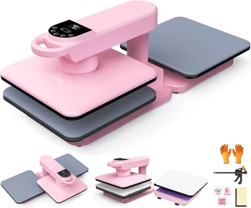 Miniatura 11 de Máquina de prensa de calor automática de doble banco de trabajo, 360° Swing Away 15x15 prensa inteligente para camisetas con liberación automática