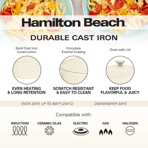 Miniatura 3 de Hamilton Beach Olla holandesa de hierro fundido esmaltado de 5.5 cuartos de galón con tapa, color crema
