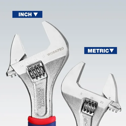 Miniatura 5 de WORKPRO Llave ajustable de 6 pulgadas, llave de apertura de mandíbula ancha con agarre antideslizante de goma, escalas métricas/SAE, acero Cr-V