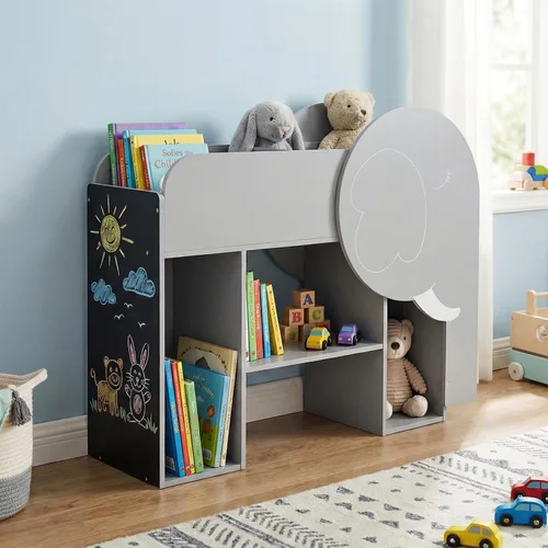 Miniatura 2 de Costzon Estantería elefante para niños, organizador de almacenamiento de juguetes de 3 niveles con pizarra, 5 cubos y juguete de ábaco de 3 filas