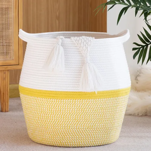 Miniatura 7 de KAKAMAY Cestas tejidas para almacenamiento (17 x 17 pulgadas), cesta grande de lavandería para bebé tejida con cuerda de algodón, cesta de Flecos