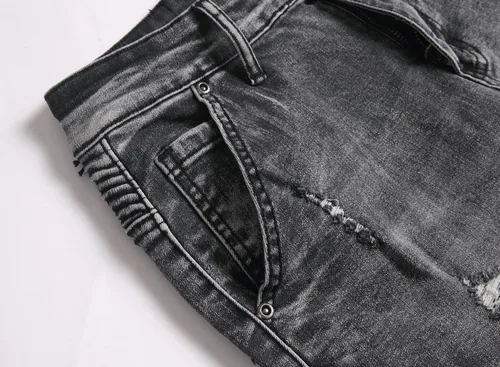 Miniatura 6 de XIMXIMMTIAN Jeans de mezclilla para hombre estilo motociclista, lavados, desgastados, ajustados y rectos