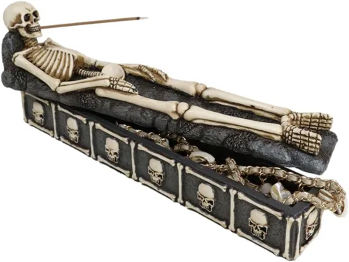 Ebros Gift Ossuary - Esqueleto escalofriante de hueso macabro, descansa en paz, lápida, cementerio, incienso, soporte para quemador y caja de