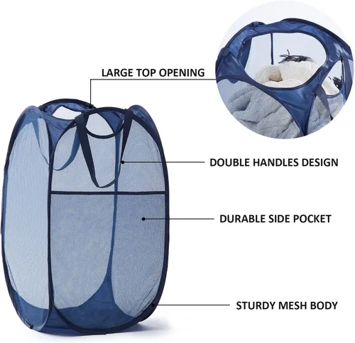 Miniatura 3 de TECHMILLY Cesta de Lavandería Plegable de Malla Pop Up con Asas Resistentes y Bolsillo Lateral - Cestas de Ropa Portátiles y Plegables para Azul