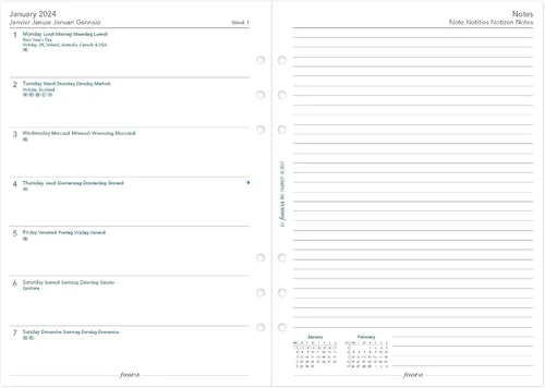 Miniatura 3 de Filofax Calendario de recambio de diario, tamaño A5, semana en una página con notas, libro blanco, multilingüe: cinco idiomas, 2024 (C68509-24)