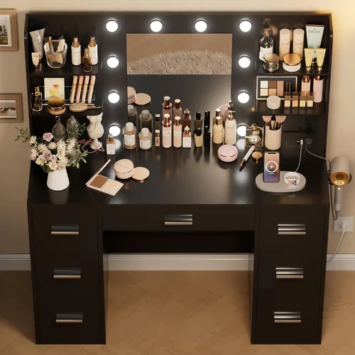Miniatura 4 de Escritorio de maquillaje con espejo y 10 luces, mesa con 7 cajones y 4 estantes abiertos, 3 modos de color y brillo ajustable, estación de carga