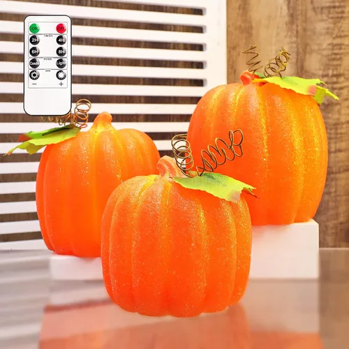 Crystal Club Velas sin llama de calabaza de otoño, juego de 3 velas realistas, control remoto y funciona con pilas, velas LED brillantes
