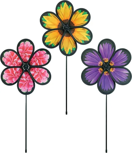In the Breeze 2625 - Surtido de hilanderos de flores realistas de 10 pulgadas, paquete de 3, hilanderos de viento de flores coloridas para patios y
