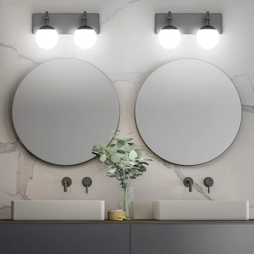Miniatura 4 de Ralbay Lámpara de pared de baño negra mate, 2 luces, iluminación moderna de mediados de siglo, luz de tocador de globo de vidrio lechoso negro