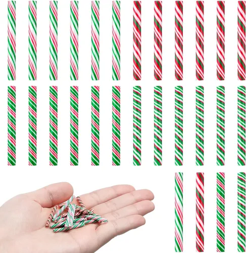 Miniatura 10 de Giegxin 60 piezas de bastón de caramelo de Navidad para manualidades, arcilla plástica falsa de caramelo, decoraciones de menta mini arcoíris