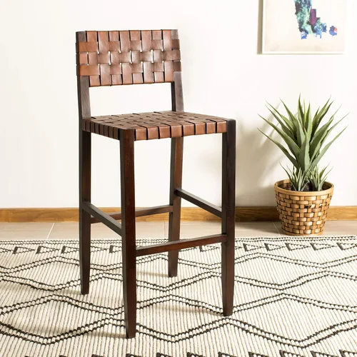 Miniatura 7 de Safavieh Home Collection Paxton Taburete de bar de cuero tejido de nogal y coñac de 30 pulgadas
