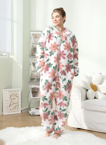 Miniatura 4 de Focupaja Pijama mullido con capucha para mujer, con cremallera, forro polar cálido, estampado de una pieza, ropa de dormir de invierno para Navidad