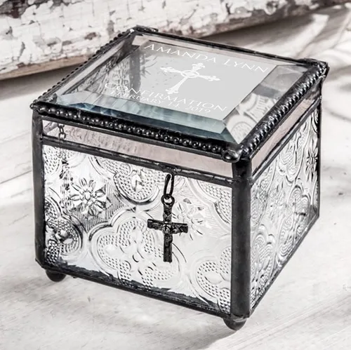 Miniatura 2 de Regalo de confirmación recuerdo personalizado grabado personalizado vintage vitral joyería baratija rosario caja J Devlin 631 EB221