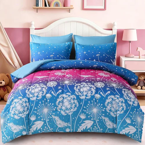 Miniatura 17 de Dinjoy Juego de edredón para niñas, tamaño individual, colorido, azul, rosa, morado, arcoíris, juego de ropa de cama de 6 piezas en una bolsa