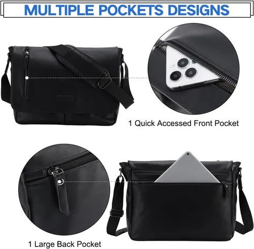 Miniatura 5 de VX VONXURY Bolsa de mensajero para hombre, piel sintética de 14 pulgadas, maletín para laptop para trabajo y escuela, café, Piel sintética negra