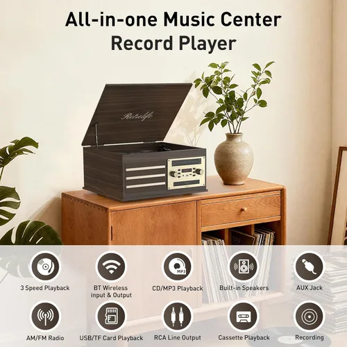 Miniatura 8 de Tocadiscos de vinilo 10-en-1 Centro de música con tocadiscos incorporados, altavoces integrados, soporte de 3 velocidades, entrada/salida