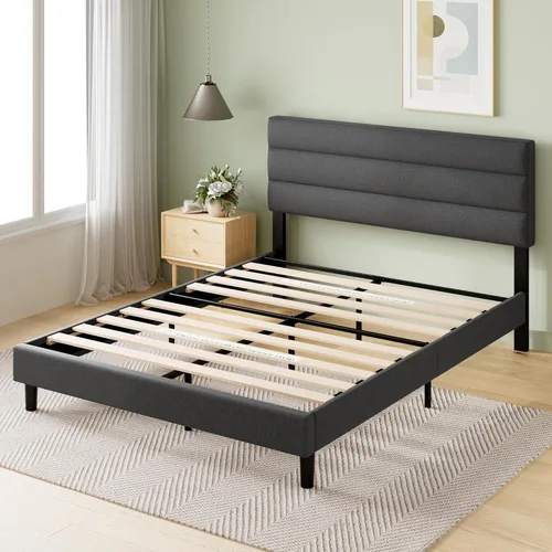 Miniatura 9 de Zinus Queen Piper - Cama de plataforma tapizada con cabecera con paneles horizontales, soporte de listones de madera, no necesita somier, fácil