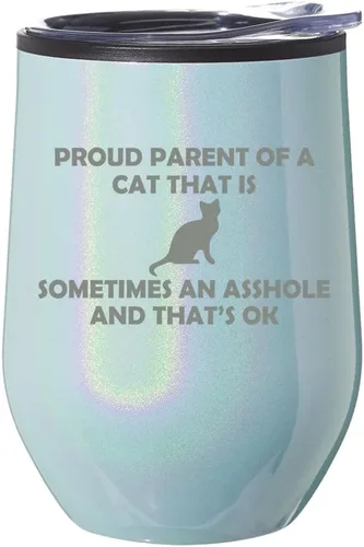 Vaso de vino sin tallo, taza de viaje de café con tapa, regalo orgulloso para padres y gatos divertidos (purpurina azul)