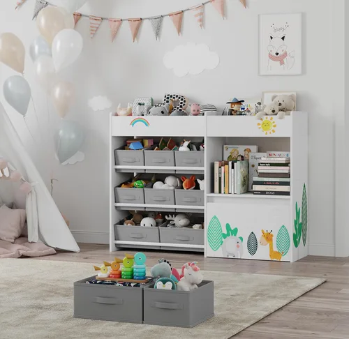 Miniatura 5 de BOTLOG Estantería infantil con contenedores de tela y baúl de juguetes móvil, organizador de almacenamiento de juguetes para niños, estantería