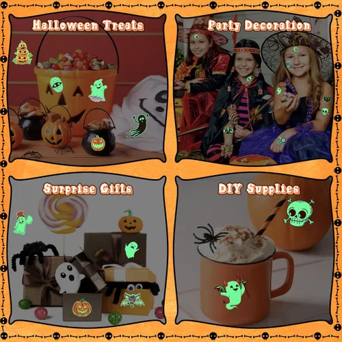 Miniatura 7 de OLIKER - 204 tatuajes de Halloween para niños, envueltos individualmente que brillan en la oscuridad, tatuajes luminosos para Halloween, tatuajes