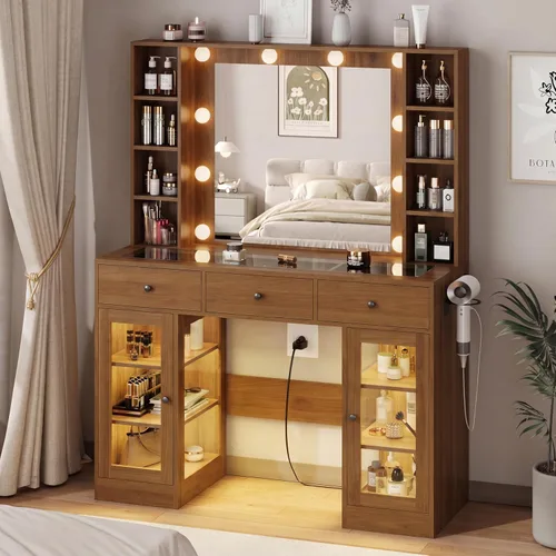 Miniatura 9 de HUANLEGO Tocador Negro con Espejo y Luces, Tocador con Superficie de Cristal con Espejo Iluminado y Gabinete de Vidrio RGB y 3 Cajones, Tocador