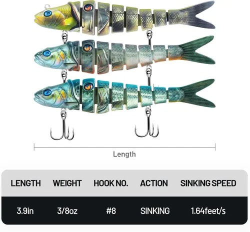 Miniatura 7 de Handing Señuelos de Natación para Lubina, Lucioperca y Lucio, 3 Piezas de Señuelos de Pesca Realistas con Múltiples Articulaciones con Ganchos