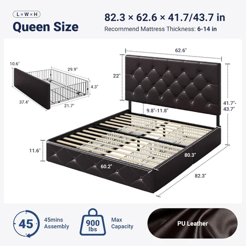 Miniatura 2 de Allewie - Base de cama tapizada con plataforma de tamaño Queen, con 4 cajones de almacenamiento y cabecera, botones cosidos en forma de diamante
