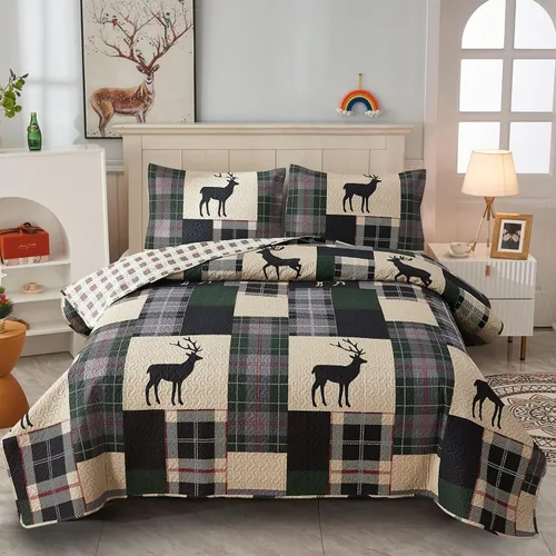 Miniatura 11 de CHESITY Juego de edredón rústico de tamaño individual, juego de ropa de cama de cabaña de alce y oso, colcha cosida, juego de cama reversible