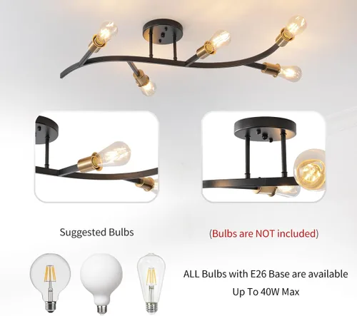 Miniatura 4 de Lámpara de Techo Sputnik Moderna de Montaje Semiempotrado, Color Negro y Dorado, 5 Luces Candelabro Sputnik de Mediados de Siglo para Comedor, 5