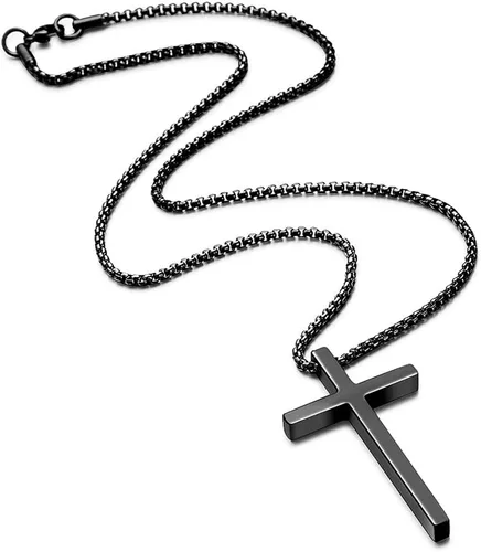 Miniatura 4 de Ursteel - Collar con dije de cruz de acero inoxidable para hombre, cadena de eslabones cuadrados de 16 a 30 pulgadas, color plateado, negro, dorado