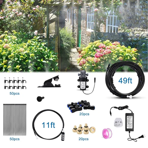 Miniatura 2 de Sistema de refrigeración por nebulización al aire libre con kit de bomba, línea de nebulización de 49.2 pies con filtro, 20 boquillas de niebla