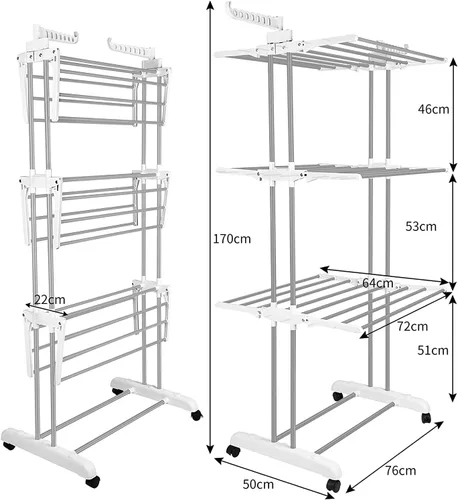 Miniatura 3 de Bigzzia Tendedero plegable de 4 niveles para ropa, ropa, caballos, estante de secado de lavandería de acero inoxidable (gris blanco, 4 niveles)