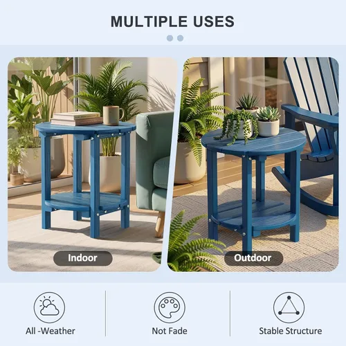 Miniatura 4 de Mesa auxiliar redonda de 2 niveles para exteriores con veta similar a la madera, mesa auxiliar Adirondack de HDPE para patio, mesa auxiliar Azul