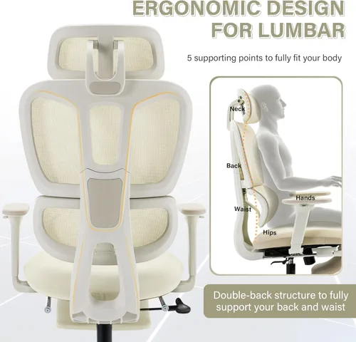 Miniatura 6 de Silla de oficina ergonómica de malla con reposapiés retráctil, silla de computadora con respaldo alto, soporte lumbar, reposabrazos y reposacabezas