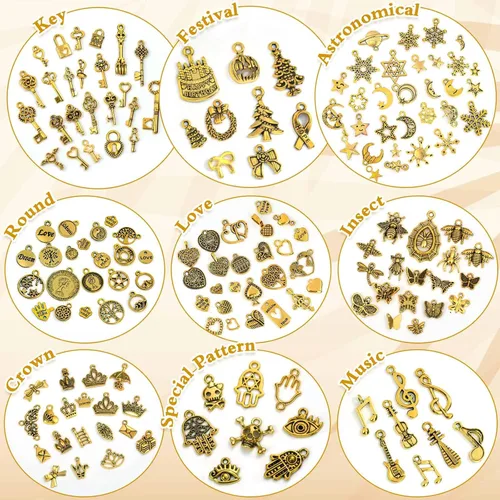 Miniatura 6 de 400 piezas al por mayor de lotes a granel para hacer joyas, pequeños dijes de metal tibetano antioro surtidos surtidos para collares, pulseras Oro
