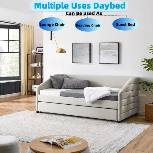 Miniatura 4 de Flieks Sofá cama tapizado de tamaño individual con nido, sofá cama tapizado de tela de lino, cama nido con ruedas y marco de madera, no necesita