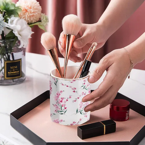 Miniatura 9 de Soporte para bolígrafo para escritorio, con patrón floral, taza de lápices para niñas, niños, organizador de escritorio de cerámica duradero, Rosa