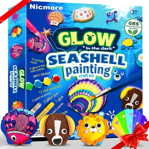 Nicmore Arte y manualidades de conchas marinas para niños: kits de pintura que brillan en la oscuridad, manualidades para edades de 4 a 6 años, 4 a