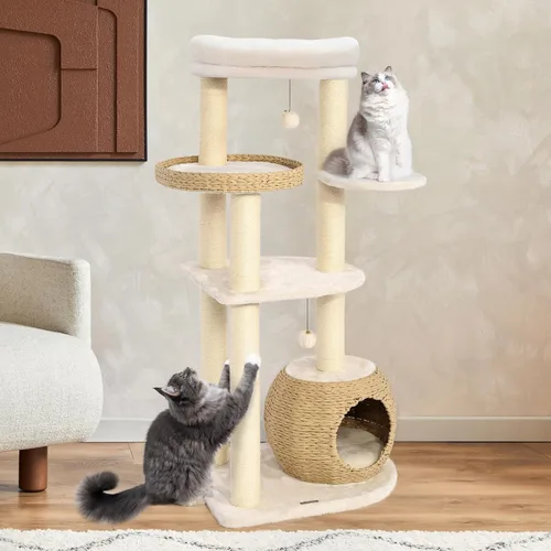 Miniatura 10 de KAMABOKO Árbol moderno para gatos, 39 pulgadas de alto para gatos de interior, condominio natural con postes rascadores, torre tejida a mano