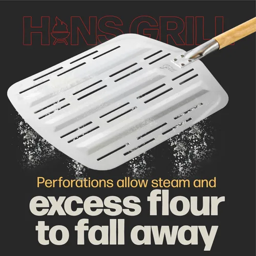 Miniatura 3 de Hans Grill Pizza Peel PRO Hecho para pizza XL de 12 pulgadas + Paleta antiadherente de metal perforado profesional de grado restaurante para Gris